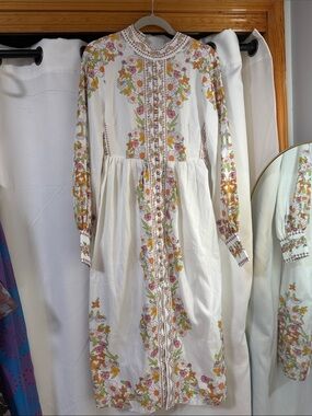 Bohemian White Floral Long-Sleeve Midi Dress
